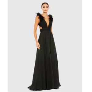 Mac Duggal Black Plunge Ostrich Feather A Line Gown